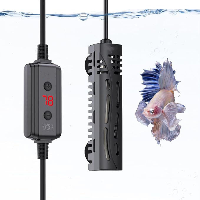 Small Aquarium Heater, 50W Mini Fish Tank Heater, Adjustable Submersible Aquarium Heater with External Digital Controller for Turtle, Betta, Freshwater, Saltwater, 5-15 Gallon