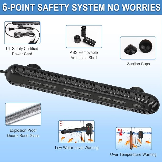 Aquarium Heater, 200W Fish Tank Heater with LED Digital Display & 5 Safety Protection, Submersible Aquarium Heater with 2 Suction Cup and 5.9Ft Cord for 20-40 Gallon Fish Tank.