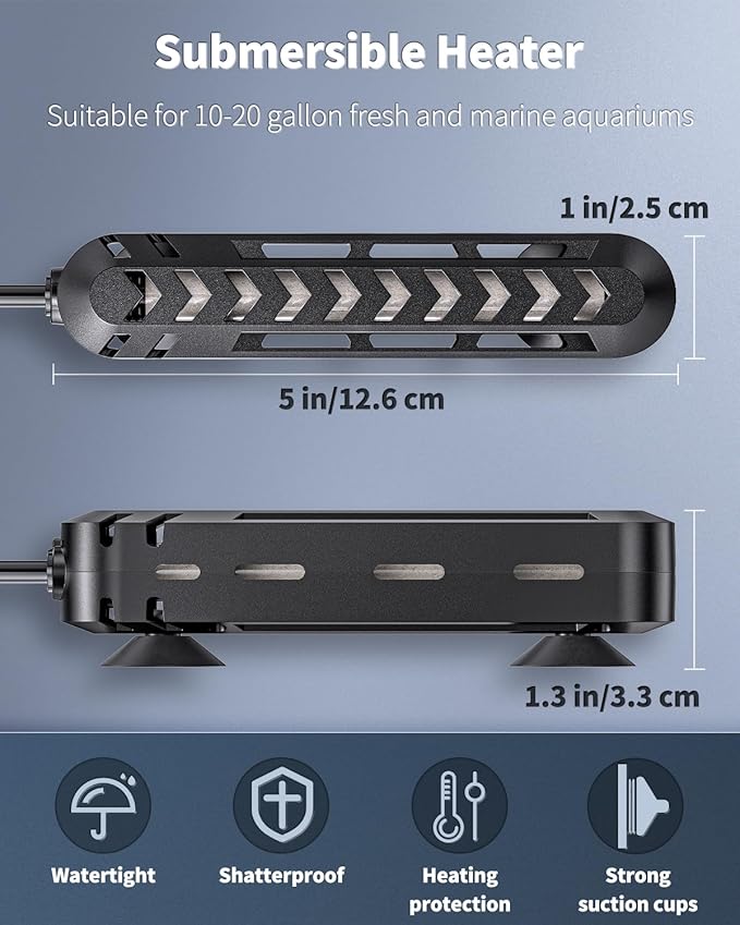 50 W Fish Tank Heater Submersible Aquarium Heater Adjustable Electronic Heating Rod with Thermostat Overheating Protection and Protective Cover for 10-20 Gallon Fish Tanks