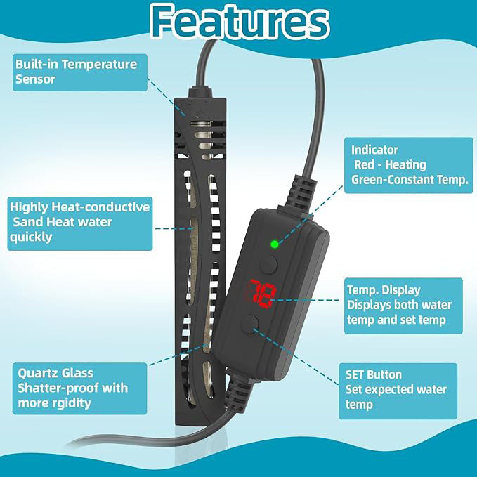 Small Aquarium Heater, 50W Mini Fish Tank Heater, Adjustable Submersible Aquarium Heater with External Digital Controller for Turtle, Betta, Freshwater, Saltwater, 5-15 Gallon