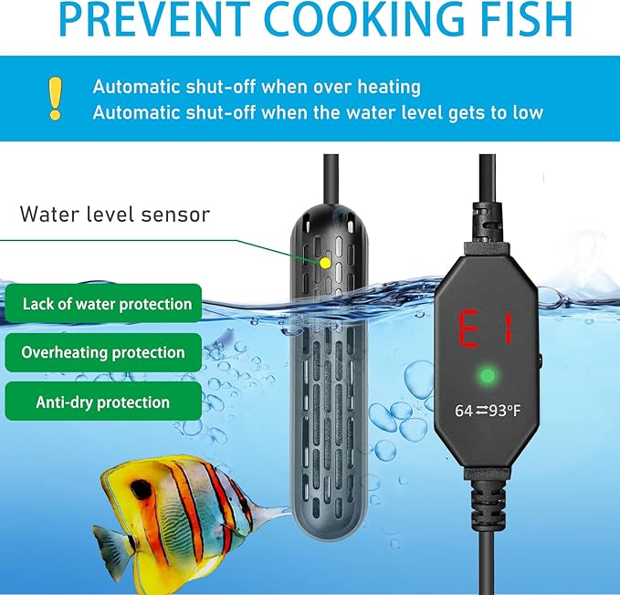 Small Aquarium Heater 25/50/100/150W with Protective Cover, Mini Fish Tank Heater, External Controller, Temperature Adjustable, Digital Display, Used for 5/10/20/30 Gallons (50W-10Gallon)