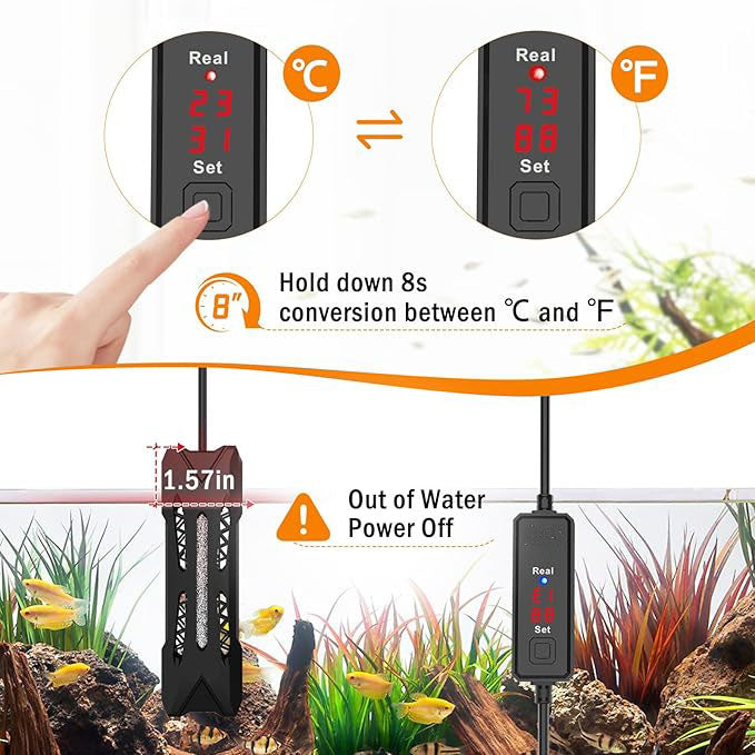 Small Aquarium Heater,Submersible Fish Tank Heater Adjustable Temperature,Mini Short Dual-use Fish Heater with LED Digital Display Thermostat,Saltwater Freshwater 50W