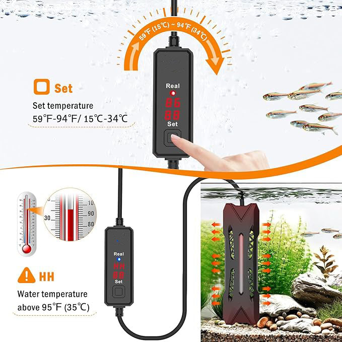 Small Aquarium Heater,Submersible Fish Tank Heater Adjustable Temperature,Mini Short Dual-use Fish Heater with LED Digital Display Thermostat,Saltwater Freshwater 50W