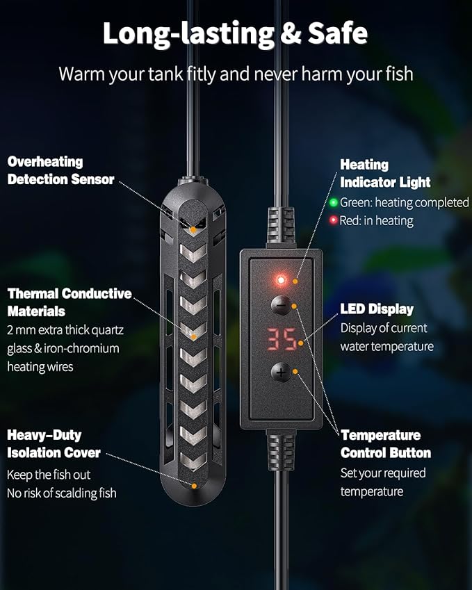 50 W Fish Tank Heater Submersible Aquarium Heater Adjustable Electronic Heating Rod with Thermostat Overheating Protection and Protective Cover for 10-20 Gallon Fish Tanks