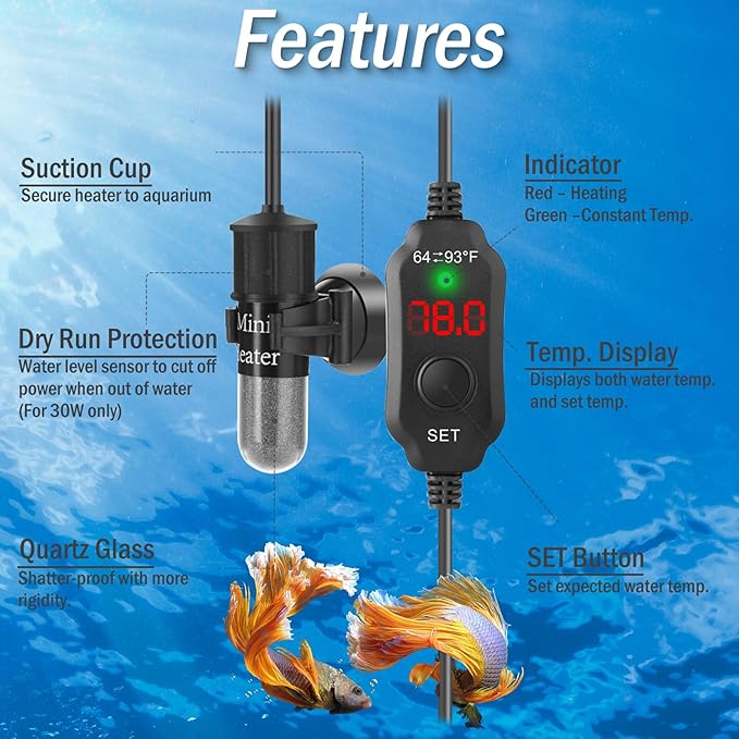 Mini Aquarium Heater 30W Super Small Fish Tank Heater with Digital Display Thermostat, Betta Tank Heater Turtle Heater Small Aquarium Heater for 4-6 Gallon Tanks
