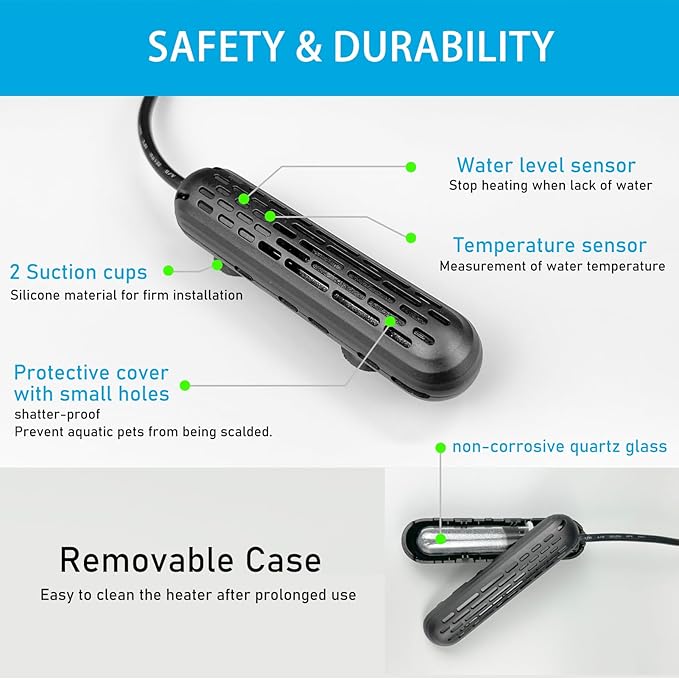 Small Aquarium Heater 25/50/100/150W with Protective Cover, Mini Fish Tank Heater, External Controller, Temperature Adjustable, Digital Display, Used for 5/10/20/30 Gallons (50W-10Gallon)