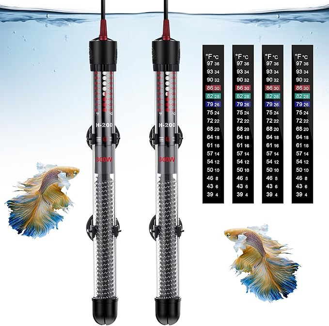 2 Set Submersible Aquarium Heater, 100W/300W Adjustable Aquarium Fish Tank Heater with 4 Thermometers Stickers and Suckers, Adjustable Knob Thermostat for Marine Saltwater and Freshwater(300W)