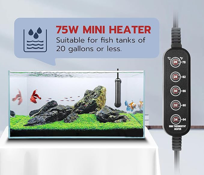 75W Aquarium Heater, 5 Temperature Modes for 5-15 Gallon Betta Fish Tank Heater, 78°F Mini Submersible 5 Buttons Temperature Constant Easily Setting, Freshwater & Saltwater Tanks