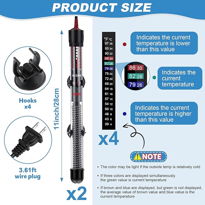 2 Set Submersible Aquarium Heater, 100W/300W Adjustable Aquarium Fish Tank Heater with 4 Thermometers Stickers and Suckers, Adjustable Knob Thermostat for Marine Saltwater and Freshwater(300W)